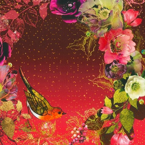 Christmas Fabric Panel Robert Kaufman Lara Skinner Floral Bird Wreath Red Ivory - Picture 2 of 2